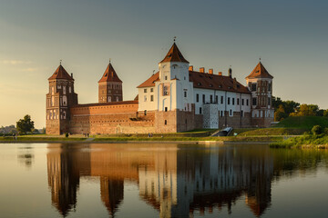 Fototapeta na wymiar Mir Castle, Belarus. Scenic panoramic view of the complex across the pond with reflections on the water in the evening twilight