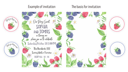 Raspberry Blackberry Birthday Invitation card watercolor. Berry Sweet Invitation. Berry Party Invite. Cute Blackberry Raspberry Party Invitation for