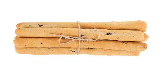 Fresh delicious grissini sticks on white background, top view