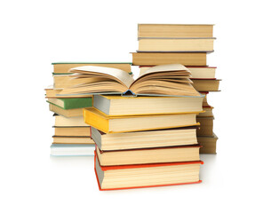 Lots of library books on white background