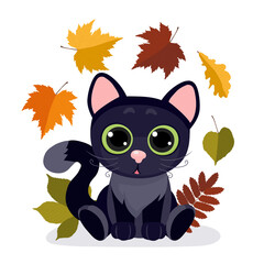 Autumn cat illustration. Vector illustration.