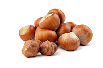 Group of hazelnuts, isolated on white background
