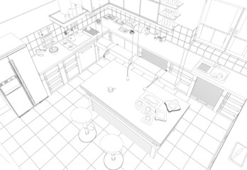 Fototapeta premium Contour of a kitchen with kitchen utensils isolated on a white background. Perspective view. Vector illustration
