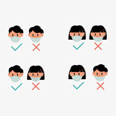 Icon Set. How to wear a mask? Rules. Face and mask. Girl in the mask, boyfriend in the mask. Flat pattern.