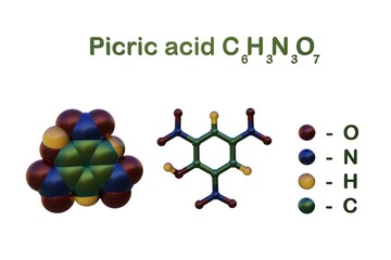 Structural chemical formula and molecular model of picric acid, a yellow solid that used as antiseptic, in explosives, matches, electric batteries, leather industry. 3d illustration