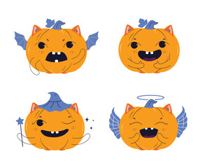 The set of cartoon pumpkins. The collection magic baby characters are good for happy Halloween day designs, magician logotypes, etc. Vector illustration