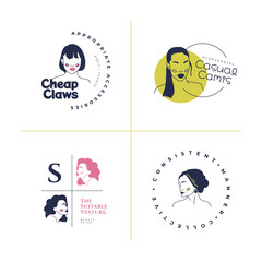 Hand drawn fashion woman logo template set. Doodle style vector illustration.