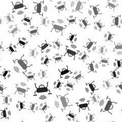 Black Smart drone system icon isolated seamless pattern on white background. Quadrocopter with video and photo camera symbol. Vector