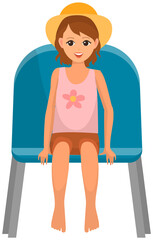 Fototapeta premium Cute girl in hat sitting on chair and watching show isolated on white background. Young female character in viewer seat looking at performance. Child in audience, spectator sitting on viewer place