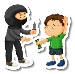 Sticker template with a boy getting robbed by a thief cartoon character isolated