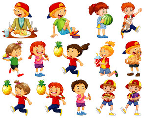 Children doing different activities cartoon character set on white background