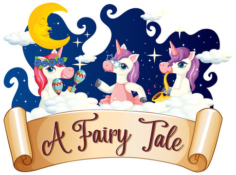 A Fairy Tale font with many unicorns cartoon character dancing on a cloud