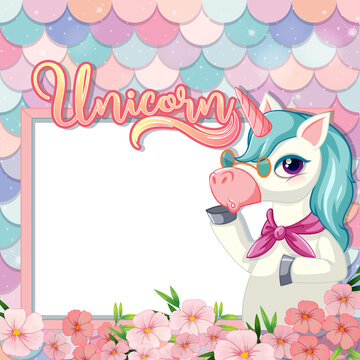 Empty banner with cute unicorn cartoon character on pastel mermaid scales