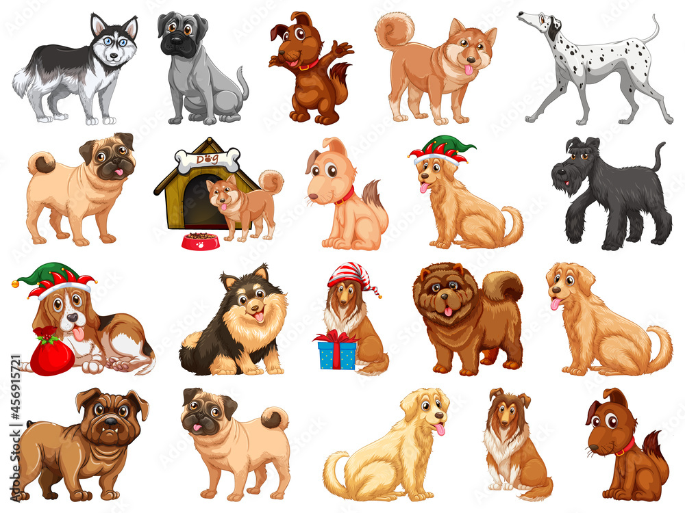 Wall mural Different funny dogs in cartoon style isolated on white background