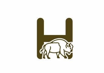 Initial letter H with bison line art