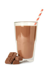 Glass of tasty chocolate milk on white background