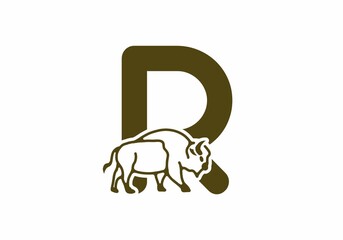 Initial letter R with bison line art