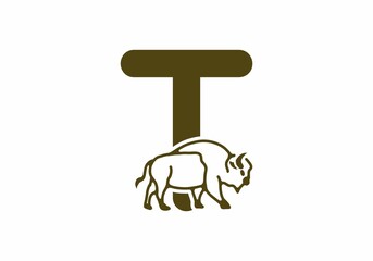 Initial letter T with bison line art