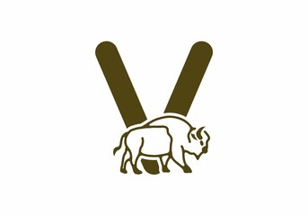 Initial letter V with bison line art