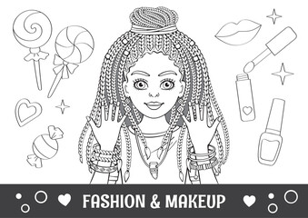 Linear pencil drawing. Antistress coloring book or page. Stylish girl with fashionable hairstyle, makeup and jewelry. Modern princess. Zen tangle style. Doll or toy. Illustration for children. Vector