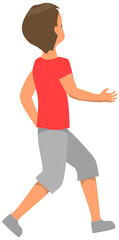 Young guy in casual clothing walking and looking back. Male character looks at something behind him. Back view of boy wearing shorts and t-shirt, vector illustration isolated on white background