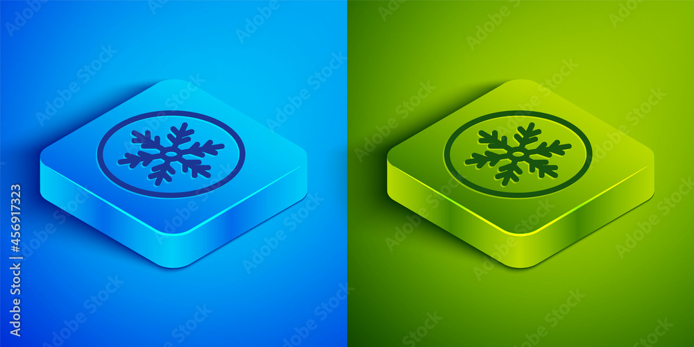 Sticker Isometric line Snowflake icon isolated on blue and green background. Merry Christmas and Happy New Year. Square button. Vector