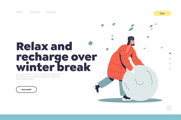 Winter break concept of landing page with boy in warm winter clothes making snowball for snowman