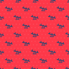 Blue line Seesaw icon isolated seamless pattern on red background. Teeter equal board. Playground symbol. Vector