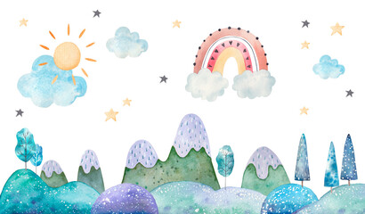 winter landscape, trees, mountains, clouds and stars watercolor childrens illustration on a white background, nursery room decor, print layeres © Ilona