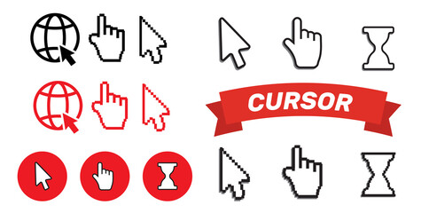 Pixel cursors icons mouse hand arrow. Mouse computer cursor. Hand arrow web cursor set