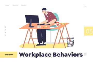 Workplace behaviors concept of landing page with woman work on computer suffer from office syndrome