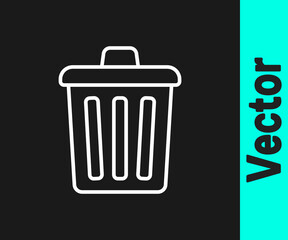 White line Trash can icon isolated on black background. Garbage bin sign. Recycle basket icon. Office trash icon. Vector