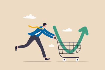 Buy on the dip, purchase stock when price drop, trader signal to invest, make profit from market collapse concept, smart businessman investor buy stock with down arrow graph in shopping cart.