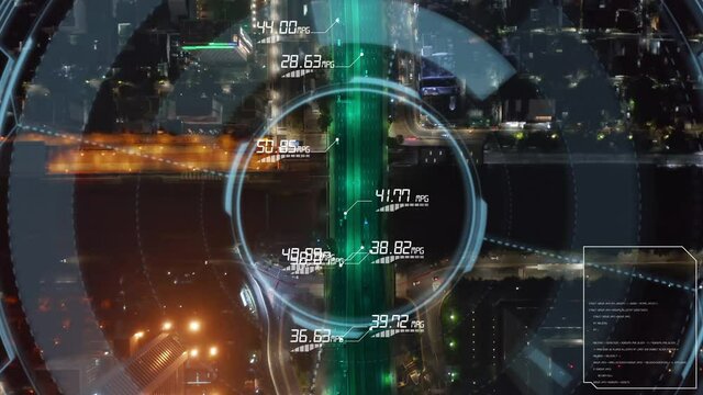 Tracking mpg, fuel efficiency of cars, night city road - 3d HUD animation