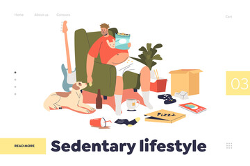 Sedentary lifestyle concept of landing page with fat man with obesity eating fastfood sit at home