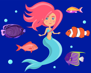 Mermaid with group of colored fish and swims in blue water. Cartoon nautical characters fingerling set. Sea dweller. Wild nature of mediterranean sea. Underwater life of creature, small fish and nixie