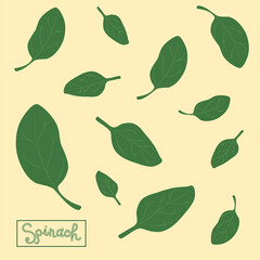 Spinach leaves of different shapes and sizes with an inscription. Seamless pattern. The concept of healthy eating.