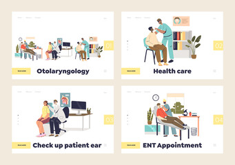 Otolaryngology medicine set of landing pages with doctors otolaryngologist examining patients