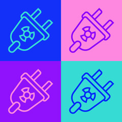 Pop art line Radiation electrical plug icon isolated on color background. Nuclear energy. Vector