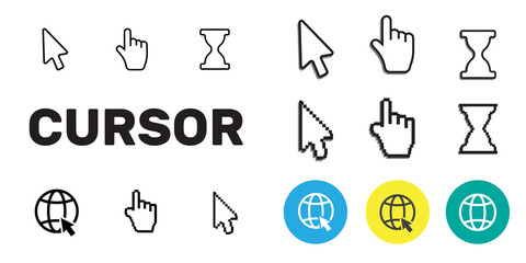 Pixel cursors icons mouse hand arrow. Mouse computer cursor.