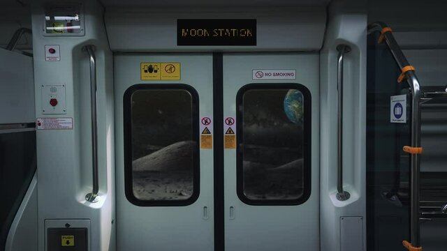 Moon Station Vehicle Travel Window View Interior. Empty train traveling through moon surface. View of planet Earth from interior window