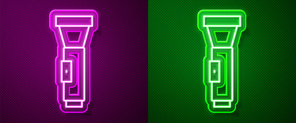 Glowing neon line Flashlight icon isolated on purple and green background. Vector