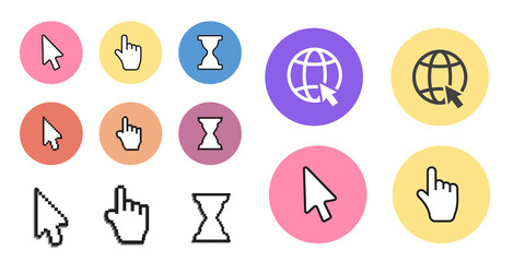Pixel cursors icons mouse hand arrow. Mouse computer cursor. Hand arrow web cursor set