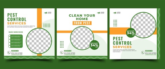 Pest control services promotion social media post template design collection. Editable modern square banner with place for the photo.