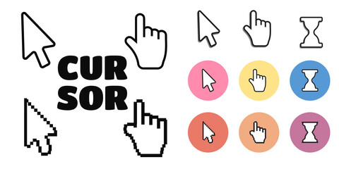 Pixel cursors icons mouse hand arrow. Mouse computer cursor.