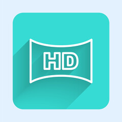 White line Hd movie, tape, frame icon isolated with long shadow background. Green square button. Vector