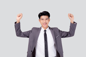 Portrait businessman in suit standing with win success isolated on white background, young asian business man is manager or executive having confident and excited is positive, expression and emotion.