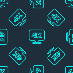 Green line 4k Ultra HD icon isolated seamless pattern on blue background. Vector