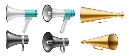 Set of loudspeakers old and modern megaphones realistic. Electronic and retro horns loudhailer