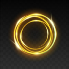 Gold spiral circle on transparent backdrop. Glowing ring with yellow backlight. Round golden frame